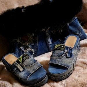 Blue Mules with Cross Strapes and Buckle and One Of A Kind Jean Purse.